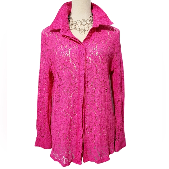 LIC Curvy Collection Hot Pink Lace Button Front Blouse Shirt PLUS XXL Stretch - Picture 2 of 13
